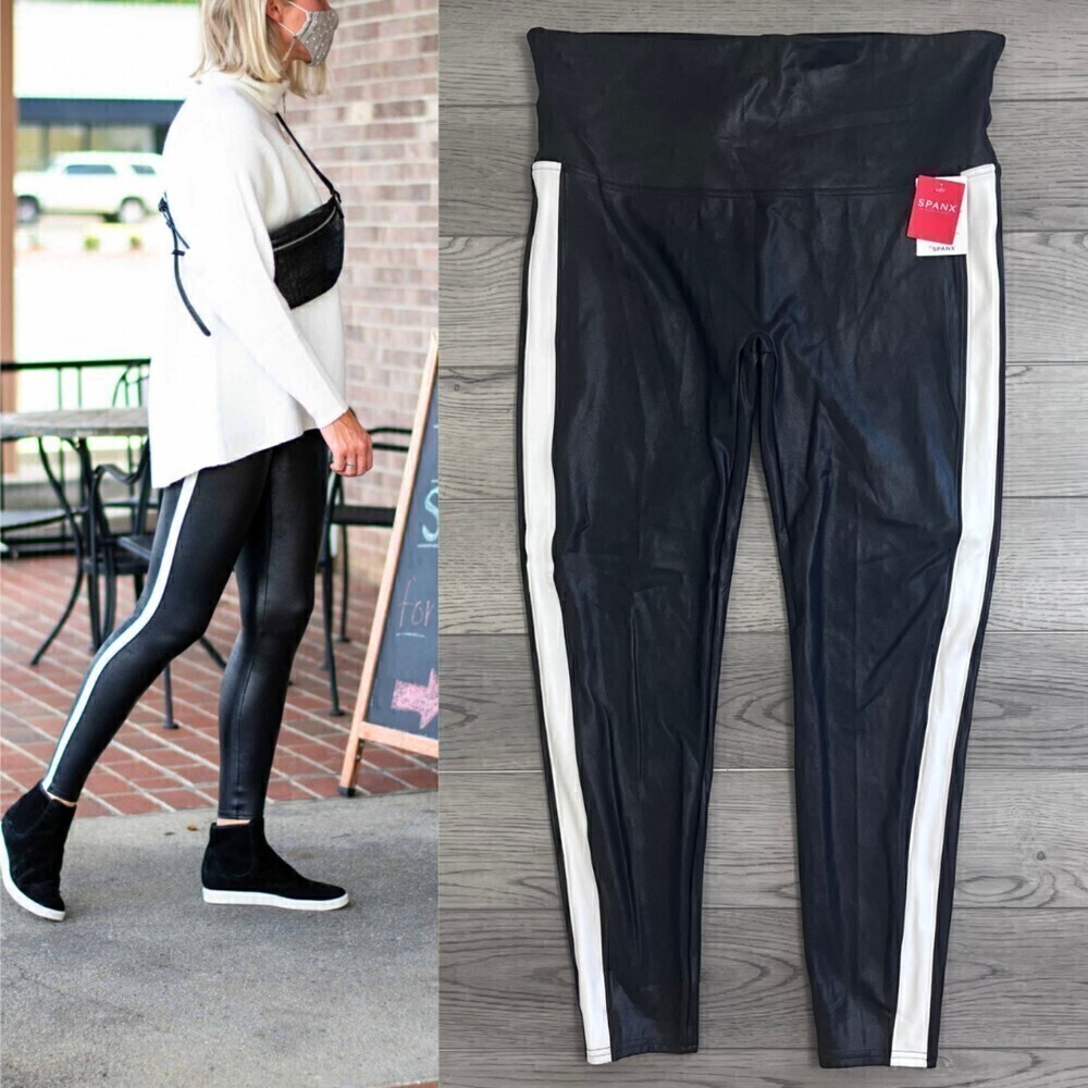 SPANX Women Size 3X Black Faux Leather White Striped NEW Leggings High Rise